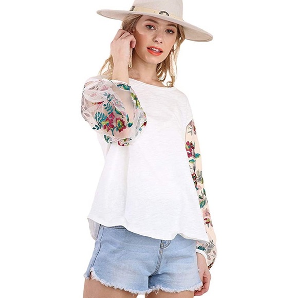 White Embroidered Floral Sheer Top - Picture 2 of 4